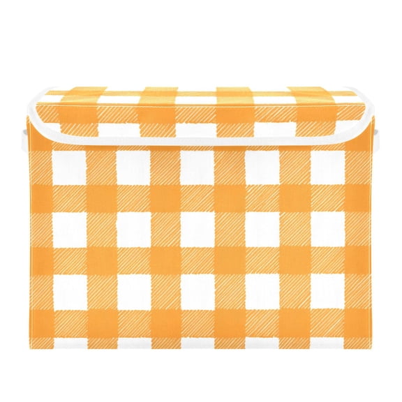Orange and White Gingham Plaid Foldable Storage Bins with Lids Handles Collapsible Storage Containers Tote Boxes 16.5 x 12.6 x 11.8 inches
