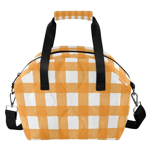 Orange and White Gingham Plaid Insulated Lunch Bag Reusable Quilted Lunch Box Waterproof Leakproof Lunch Container