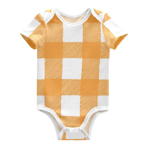 Orange and White Gingham Plaid Pure Cotton Bodysuit Short Sleeve Pajamas One-Piece Romper Unisex 3 Months