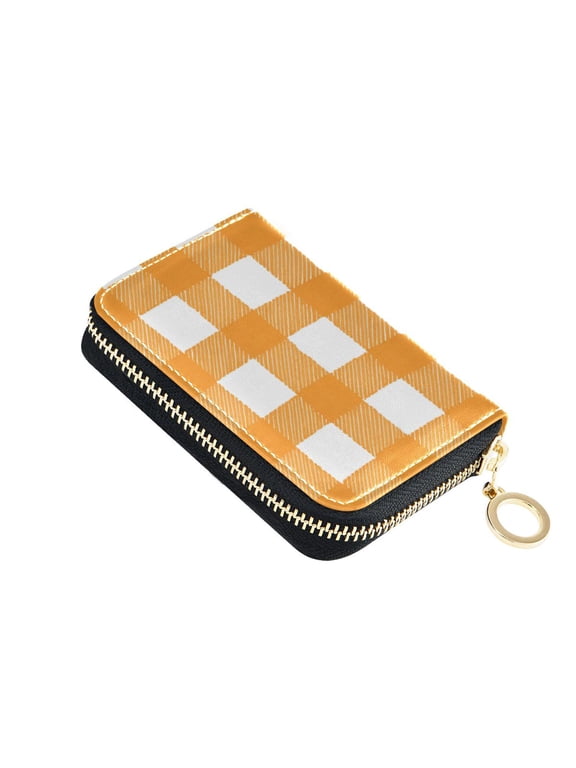 Orange and White Gingham Plaid Women's Credit Card Holder PU Leather Zipper Wallet RFID Blocking