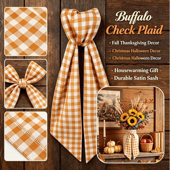 Orange and White Gingham Wreath Sash for Front Door, Fall Thanksgiving Buffalo Check Plaid Wreath Ribbon Bow, 3.5" x 54" Farmhouse Autumn Home Decor