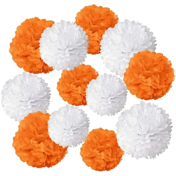 Orange and White Paper Pom Poms,Orange White Tissue Pom Poms Hanging Decorations,Orange White Party Decorations(12 PCS)