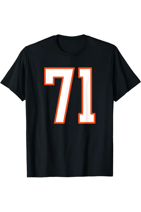 Orange and White Sports Number 71 Uniform Player Fan T-Shirt