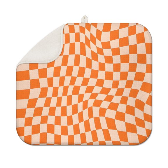 Orange and White Wavy Checkerboard Pattern Dish Drying Mat for Kitchen 1 Pack, Ultra Absorbent Microfiber Dishes Drainer Mats,16"x18"