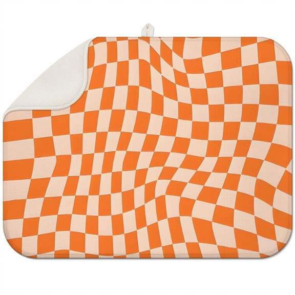 Orange and White Wavy Checkerboard Pattern Dish Drying Mat for Kitchen 1 Pack, Ultra Absorbent Microfiber Dishes Drainer Mats,18"x24"
