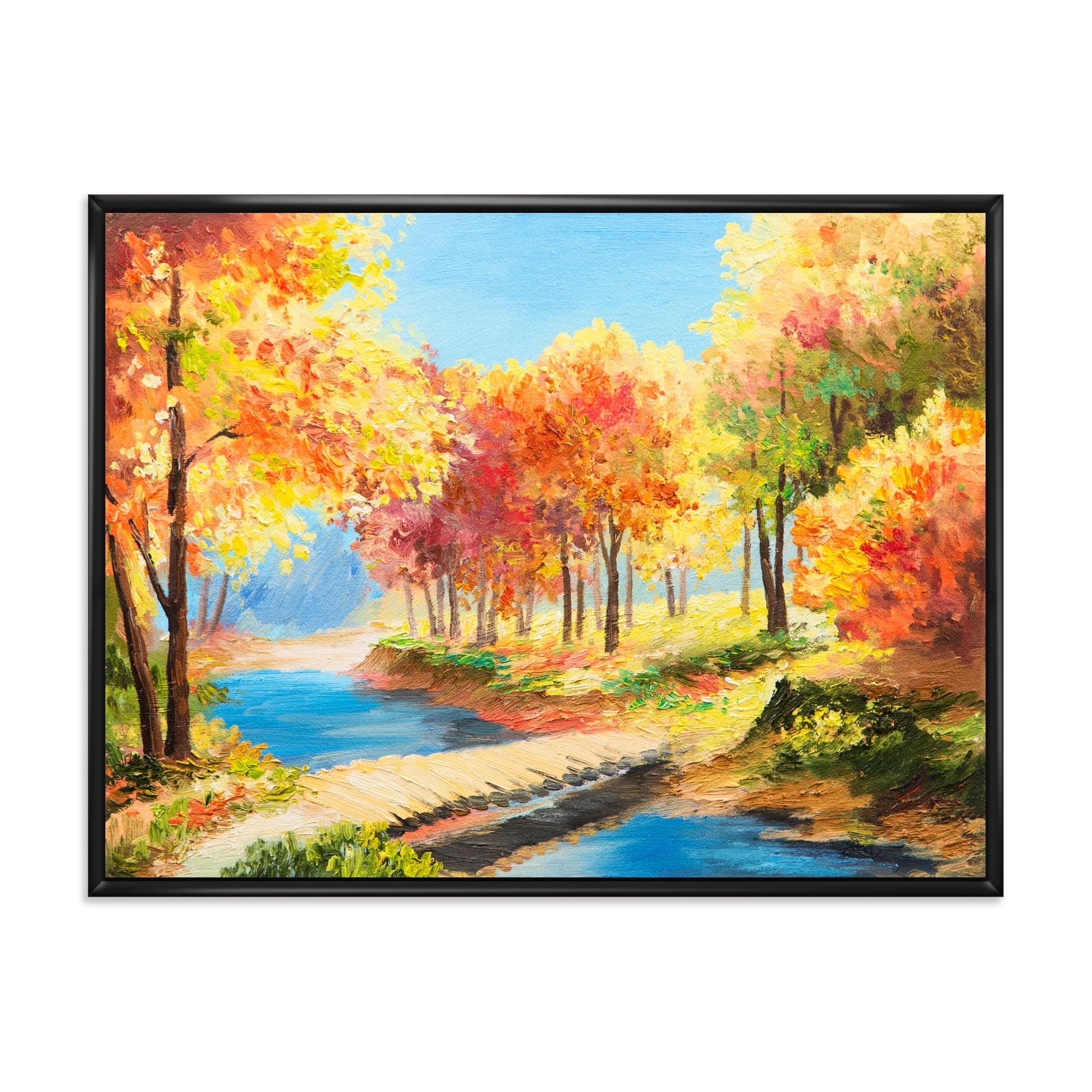 Orange and Yellow Trees By The Riverside 40 in x 30 in Framed Painting Canvas Art Print, by Designart