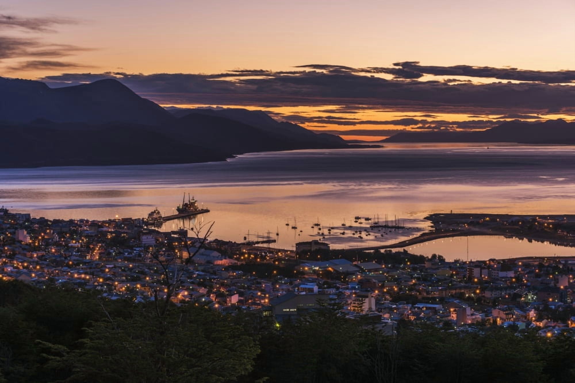 Orange and purple pre-dawn light over Ushuaia Ushuaia Antarctica Canvas Art - Nick Dale Design Pics (19 x 12)
