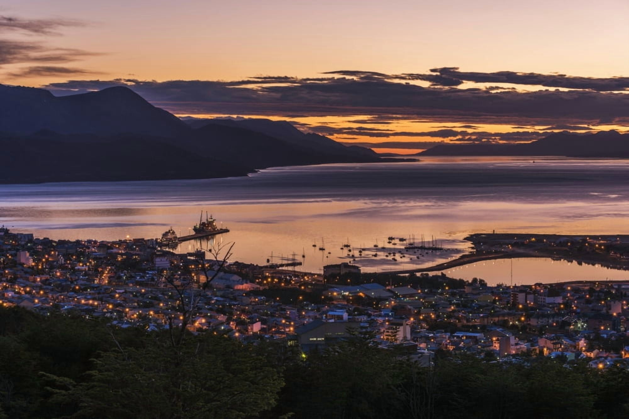 Orange and purple pre-dawn light over Ushuaia Ushuaia Antarctica Canvas Art - Nick Dale Design Pics (38 x 24)