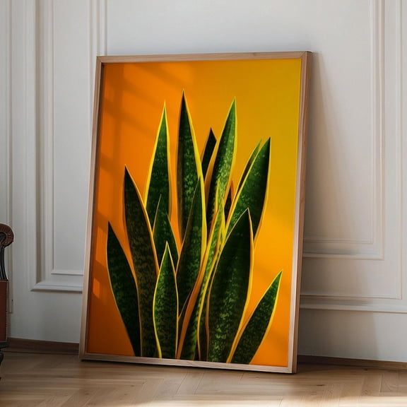Orange botanical snake plant print rust wall art for kitchen living room or bedroom decor