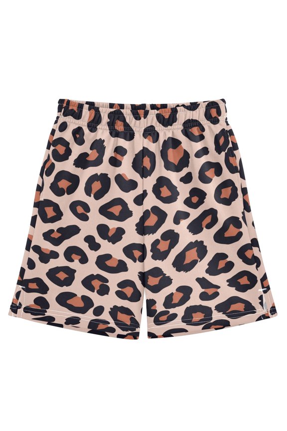 Orange-brown Leopard Print Pattern Athletic Shorts Breathable with Comfort Fit Drawstring Casual Sweatshorts Large