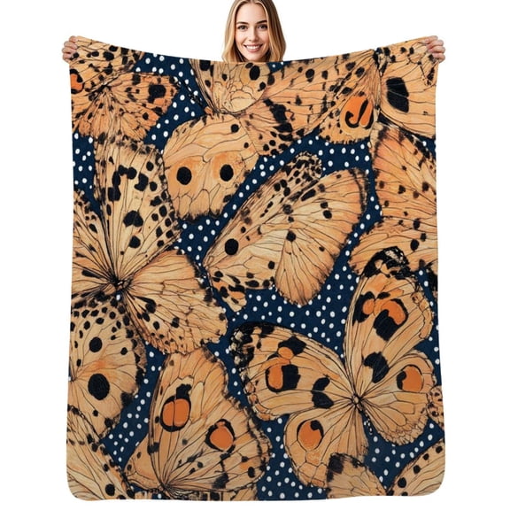 Orange butterflies navy polka dots Soft Blanket Travel Bedding Throws Flannel Bedspread Sofa Bed Cover