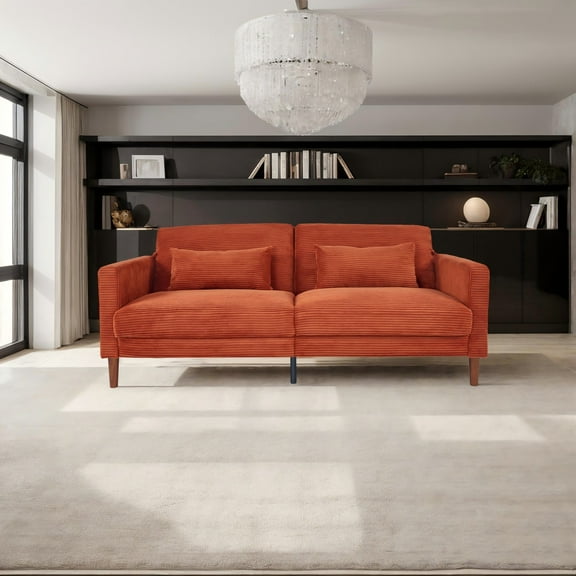 Orange corduroy, modern sofa, durable, elegant and beautiful, comfortable sitting feeling, with two pillows, suitable for living room, lounge