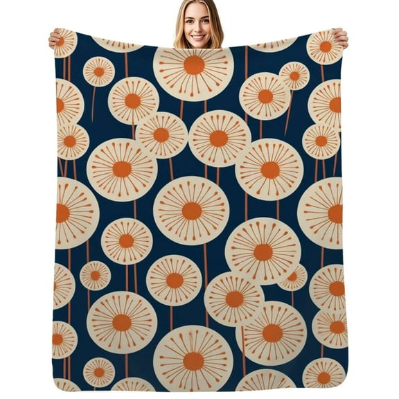 Orange dandelions navy blue background Flannel Blanket Warm Soft Bedding Throws Winter Camping Chair Sofa Bed