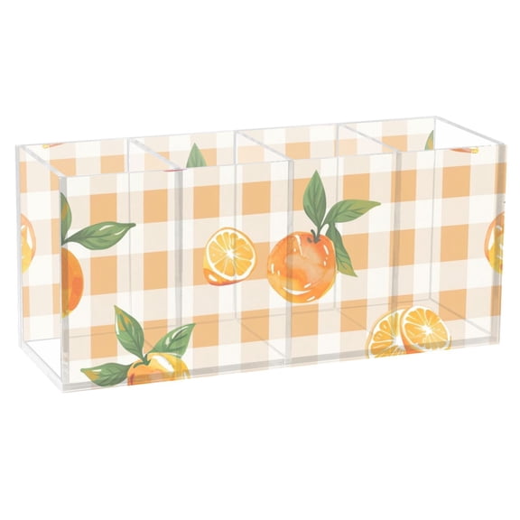 Orange on Gingham Acrylic Pencil Pen Holder Cup 4 Compartments Desktop Organiser 7.87"x2.78"x3.54"