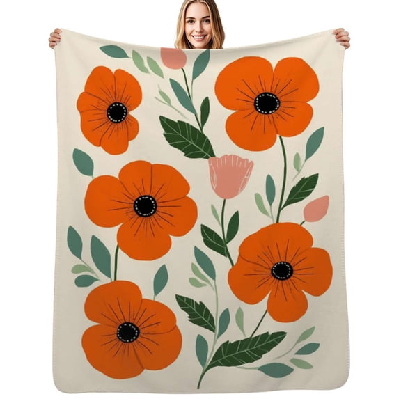 Orange poppies floral art print Soft Blanket Travel Bedding Throws Flannel Bedspread Sofa Bed Cover