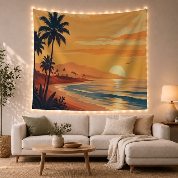 Orange and teal tropical sunset with palm silhouettes, Retro coastal illustration Style for Coastal decor enthusiasts, Thoughtful Gift for Living room, bedroom, sunroom, Tapestry Wall Hanging