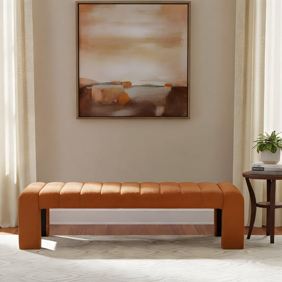 Orange-toned Boucle Bench - 63-Inch Multi-Functional Seating for Entryway, Living Room, Bedroom - Modern Minimalist