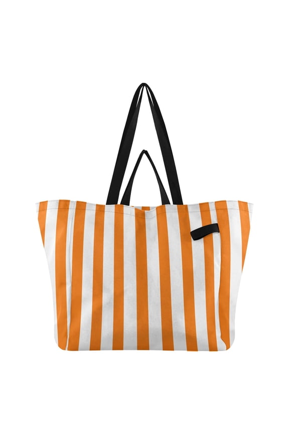 Orange-white Stripes Foldable Canvas Tote Bags Reusable Grocery Bags Laundry Bags Beach Bag 32L