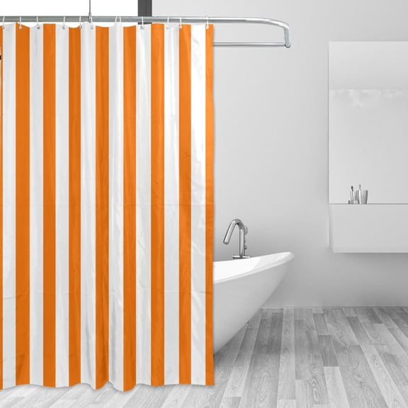 Orange-white Stripes Shower Curtains with 12 Hooks Waterproof Bathroom Decor 66" x 72"