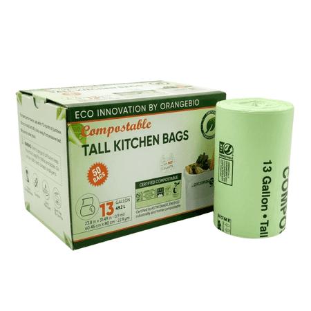 OrangeBio 13 Gallon Compostable Trash Bags, 50 Count, 0.9 Mil Extra Thick Tall Kitchen Bags for Food Waste & Compost, BPI ASTM D6400 & OK Compost Home Certified Visit the OrangeBio Store