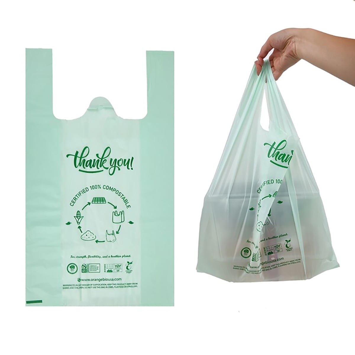 (Large) OrangeBio Certified Home Compostable Shopping Bags, 500ct, 12"x 6" x 20" (Extra Thick), Hold 20 lbs, Thank You/Grocery/Take Out/T Shirt/To-Go Bags for Retail, Grocery Store