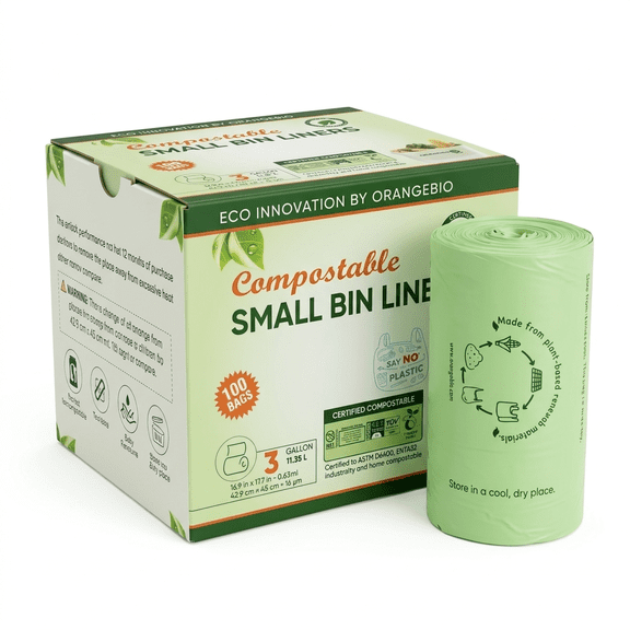 OrangeBio 3 Gallon Compostable Trash Bags, 100 Count, Small Kitchen Bags for Food Waste & Compost, BPI ASTM D6400 & OK Compost Home Certified