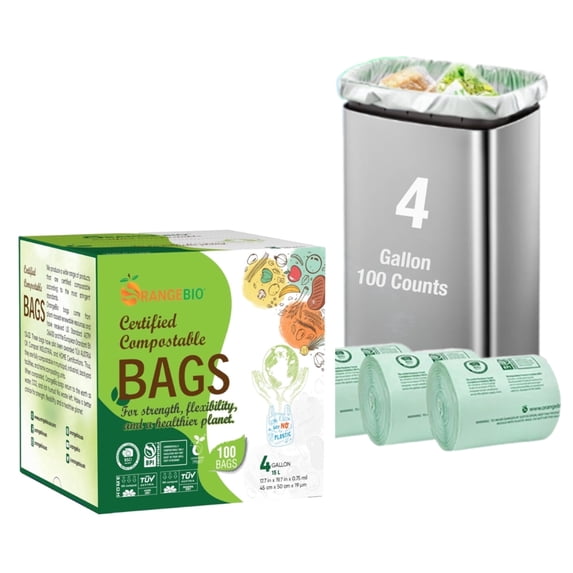 OrangeBio 4 Gallon Home Compostable Trash Bags, 100 Count, Food Grade, Plant-based, Biodegradable, Leak-proof, Tear-resistant, US BPI ASTM D6400 and OK Compost Home Certified