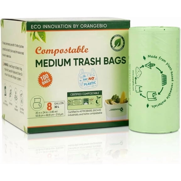 OrangeBio Leakproof 8-Gallon Green Flap Tie Regular Kitchen Household Compostable Bags, 100 Bags