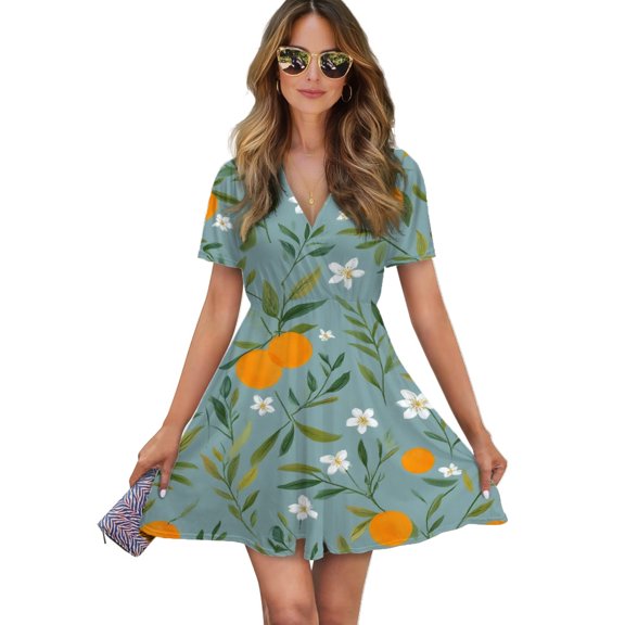 Oranges Blossoms Blue Background Pattern Women Dress V-Neck Short Sleeve Flowy Swing Party Midi Dress