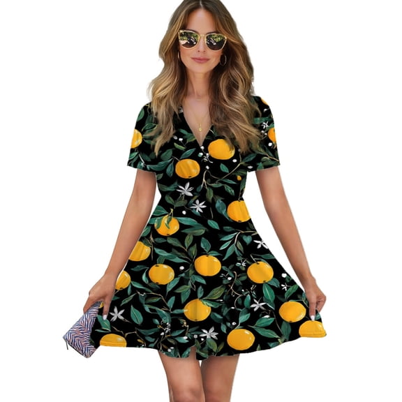 Oranges Blossoms Dark Background Repeat Women Dress V-Neck Short Sleeve Flowy Swing Party Midi Dress