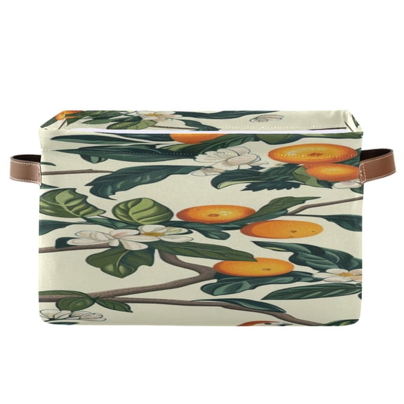 Oranges Branches Leaves Flowers Square Storage Bins with Handles Collapsible Containing Box 1 Pack