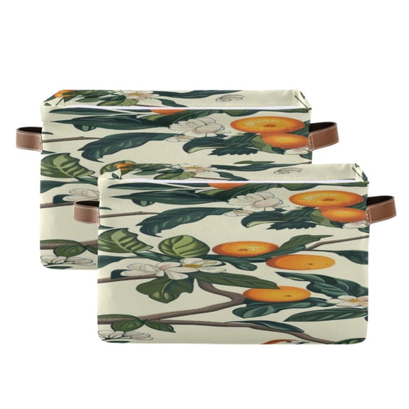 Oranges Branches Leaves Flowers Square Storage Bins with Handles Collapsible Containing Box 2 Packs