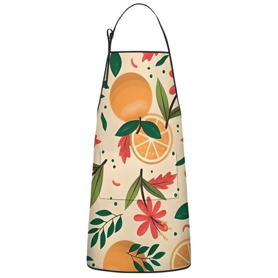Oranges Flowers Beige Pattern Apron-Garden Aprons for Women with Pockets-Cotton Linen Waterproof Kitchen Cooking Gardening Aprons Adjustable for Kitchen,Cooking,BBQ and Salon 33x27 Inch