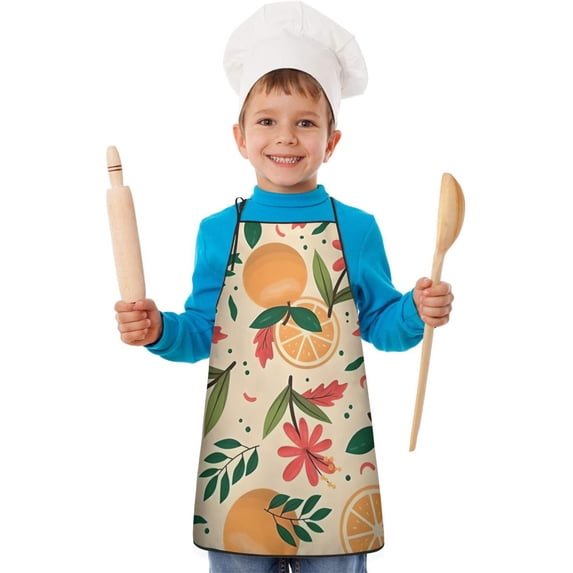 Oranges Flowers Beige Pattern Kids Aprons for Girls and Boys,Adjustable Neck Strap Toddler Aprons for Kids Cooking Baking