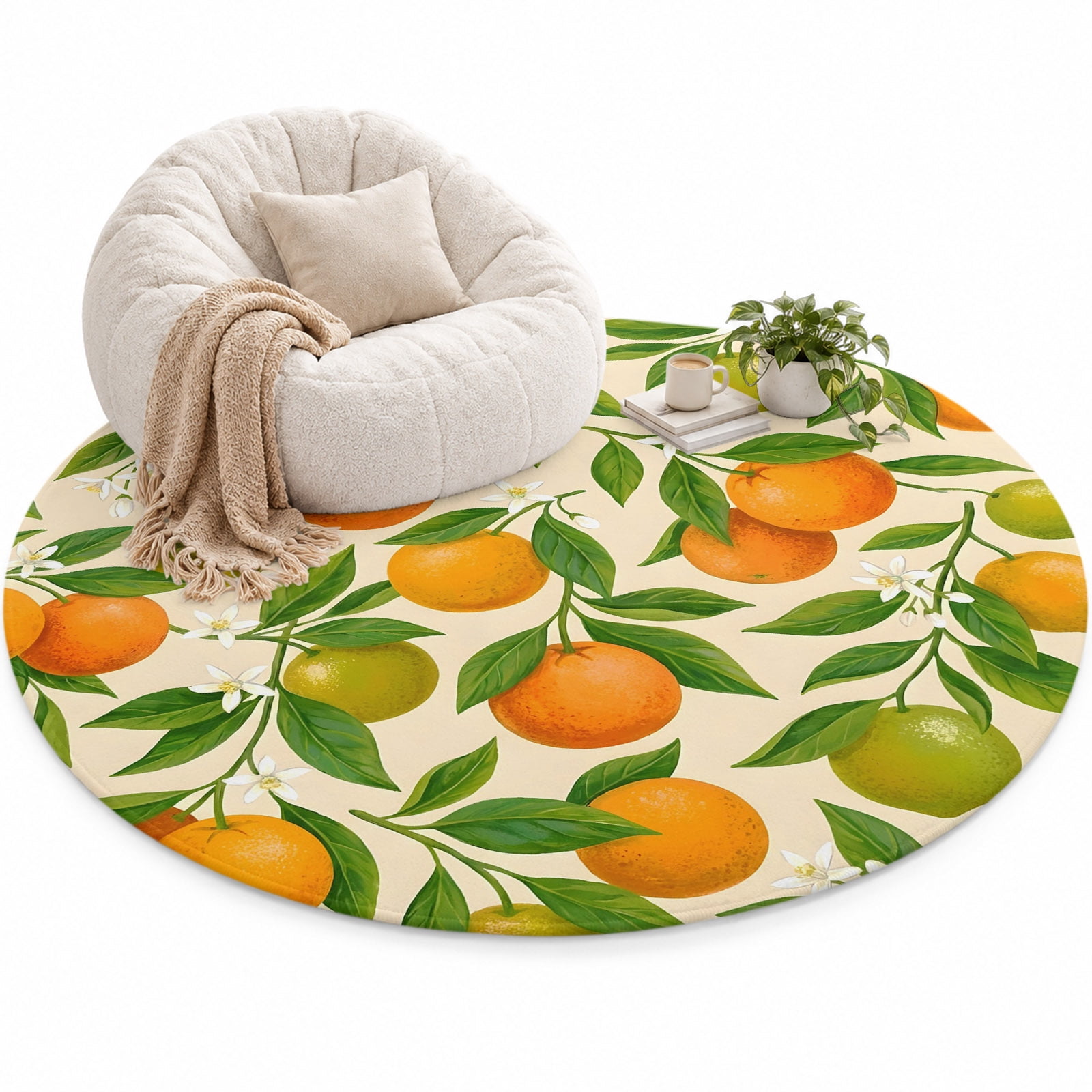 Oranges Fruit Area Rug 4', Green Leaf White Flowers Beige Background ...