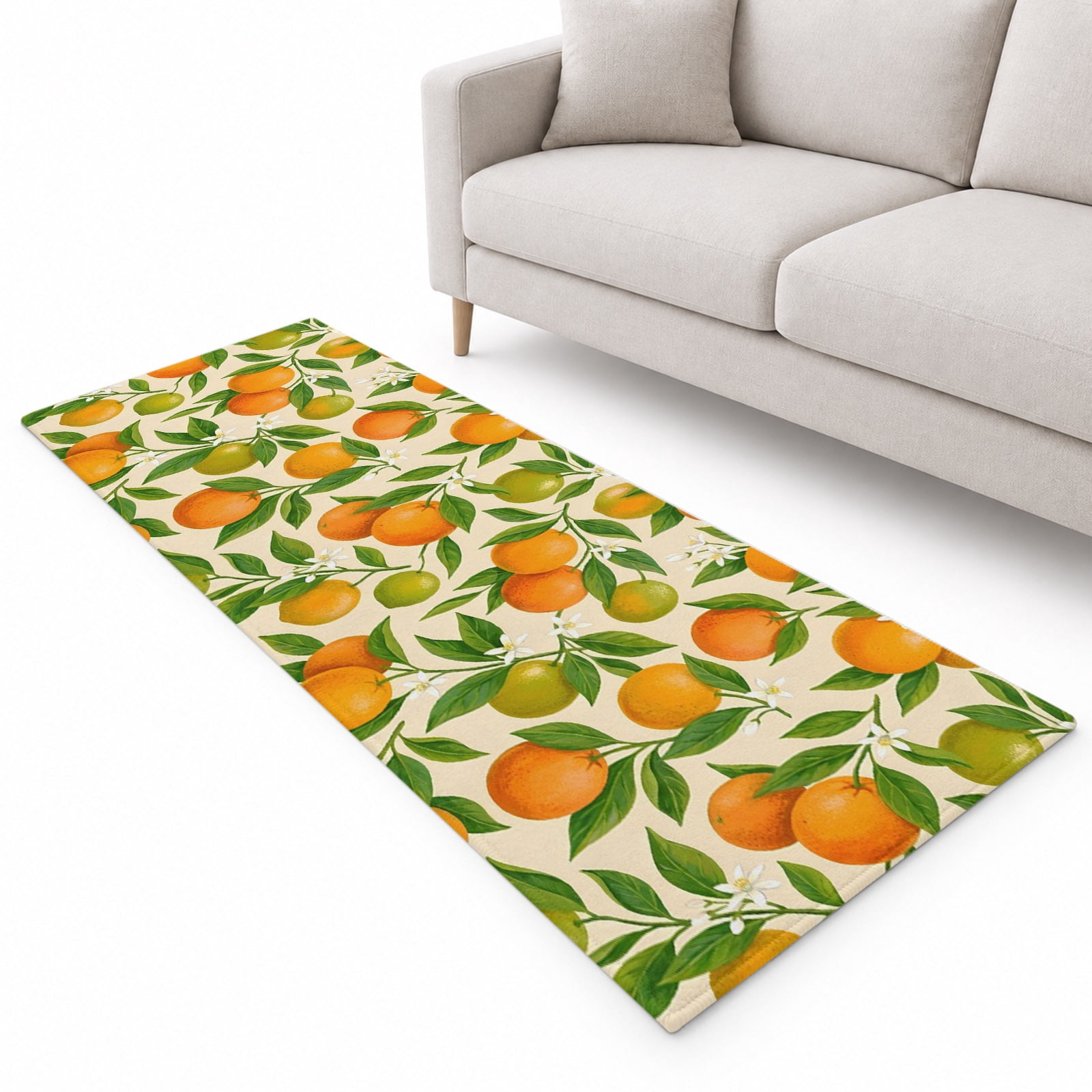 Oranges Fruit Runner Rug 2.6'x8', Green Leaf White Flowers Beige ...