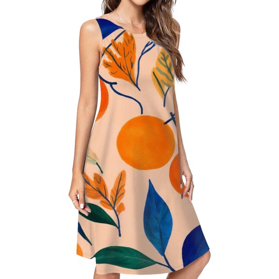 Oranges Leaves Autumnal Pastel Art Casual Sleeveless Loose Sundress Dress For Women Summer Dress Daily Woman
