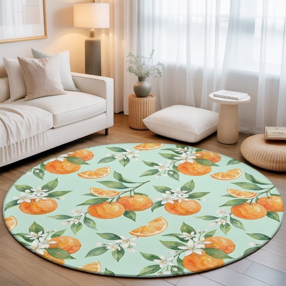 Oranges Round Living Room Rugs 6 ft, Fruit Summer White Floral Leaves Slices Green Washable Area Rug with Non-Slip Sturdy Edge Binding Round Carpet for Kitchen Office Bedroom