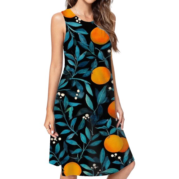 Oranges Teal Leaves Dark Background Spring Summer Dresses For Women Fashion Dress Casual Sleeveless Loose Sundress With Pockets