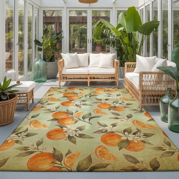 Oranges Washable Living Room Rugs 5'x8', Fruit Summer White Floral Leaves Slices Vintage Washable Throw Large Area Rug Non-Slip Sturdy Edge Binding Carpet for Living Area Kitchen Office