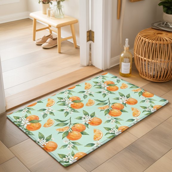 Oranges Washable Small Entryway Area Rugs 2'x3', Fruit Summer White Floral Leaves Slices Green Washable Throw Rug Non-Slip Sturdy Edge Binding Carpet for Front Door Floor Room Entry