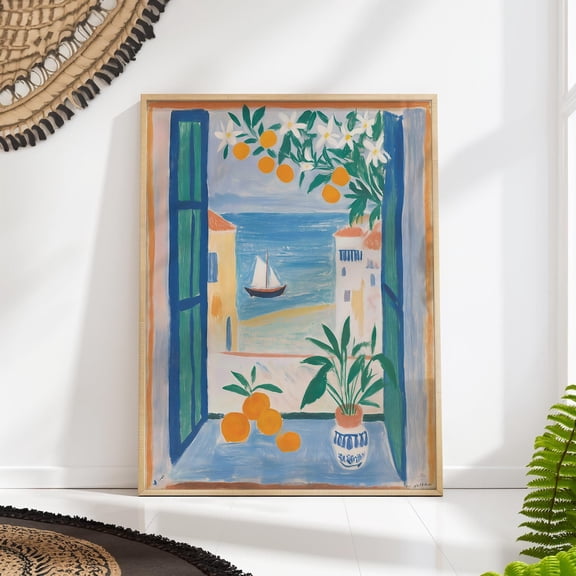 Oranges Window Mediterranean Sailboat Coastal Wall Art, Unframed Paper Poster 11x14in