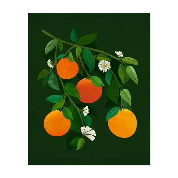 Oranges and Blossoms at Night - Painting Fruit Botanical Floral Modern Art Nature Kitchen Decor Tropical Unframed Wall Art Print 8 x 10 inches