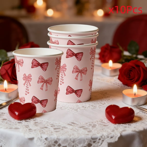 Orangide 10-Pack Valentine's Party Supplies - Romantic Bow-themed Disposable Paper Cups, for Wedding Anniversary Party Supplies & Valentine's Day Decorations