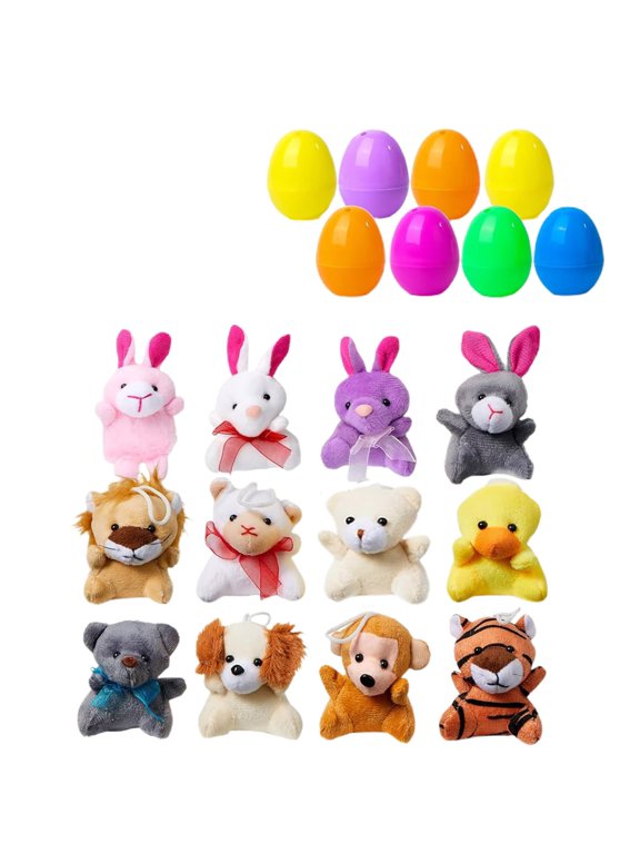 Orangide 12 Pack Easter Eggs Filled with Mini Animal Plush Toy Set, Cute Small Stuffed Basket Animal Keychain Set, Goodie Bag Fillers, Carnival Prizes, Assortment Easter Egg Party Favor