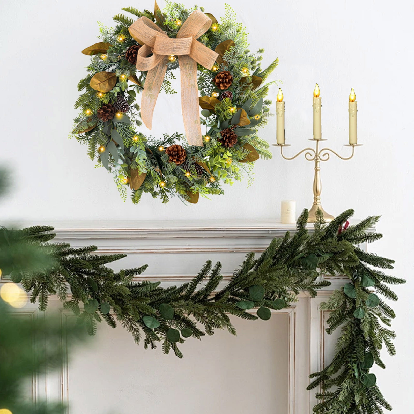 Orangide 18 Inch Christmas Linen Bow Light Up Wreath for Door Window