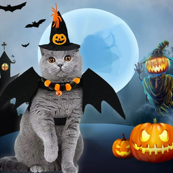 Orangide 3 Pcs Halloween Pet Witch Hat Costume,Hallowee Pet Witch Hat Pumpkin Triangle Bandana Personalized Cat Collars Breakaway with Bell,Outfits Pet Supplies