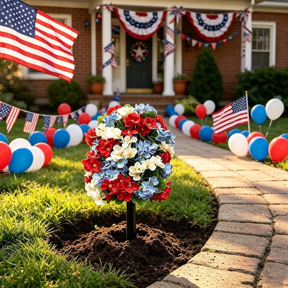 Orangide 4th of July Decorations Patriotic Artificial Hydrangea Planting Trees Potted in Ground for Outdoor Garden Landscaping Spring Summer Yard Decor