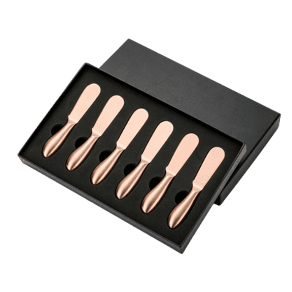 Orangide 6 PCS Gold Titanium Coated Cheese Spreader Knife Set with Curved Handle, 304 Stainless Steel Serving Utensil for Charcuterie Platter, Gift Box