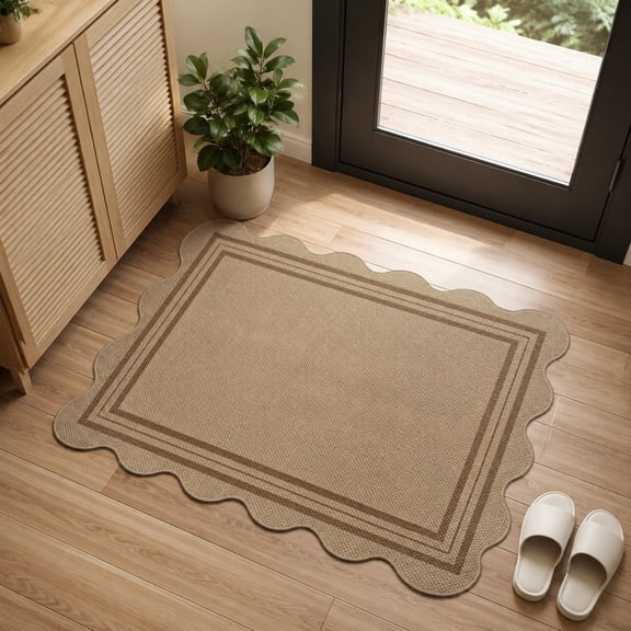 Orangide Area Rug Beige Scalloped Border Linen Textured Entryway Mat Indoor Non Slip Washable Floor Carpet For Front Door Kitchen Bathroom